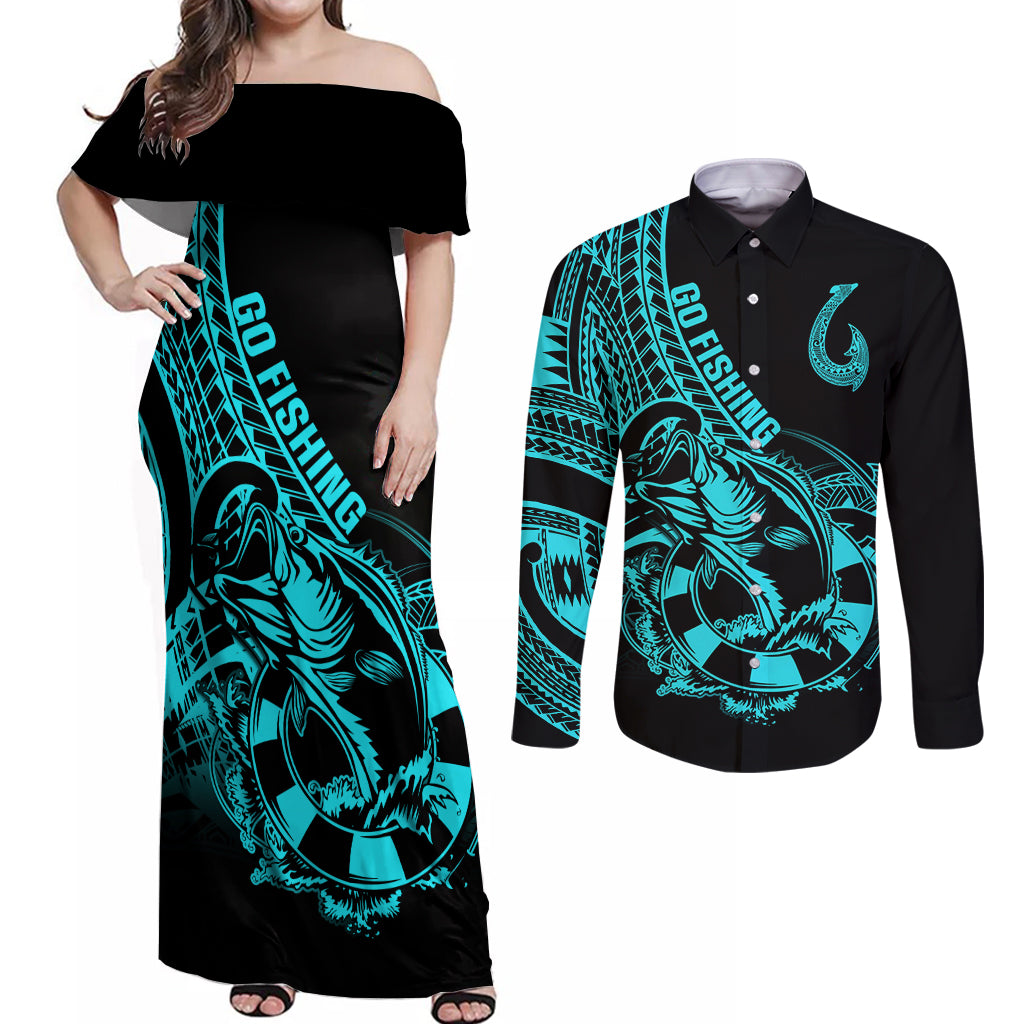 Polynesia Couples Matching Off Shoulder Maxi Dress and Long Sleeve Button Shirts Fish Hook Tattoo Go Fishing Polynesian Pattern Turquosie - Wonder Print Shop