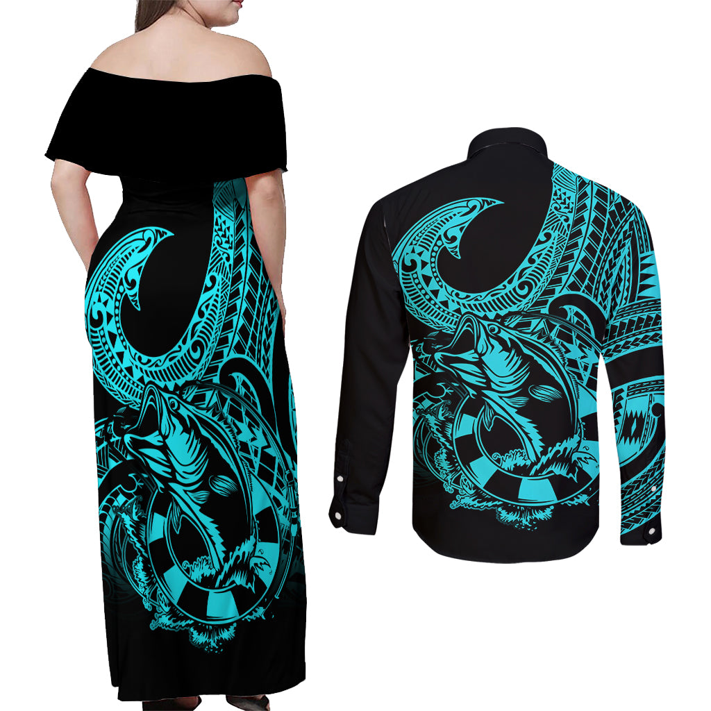 Polynesia Couples Matching Off Shoulder Maxi Dress and Long Sleeve Button Shirts Fish Hook Tattoo Go Fishing Polynesian Pattern Turquosie - Wonder Print Shop
