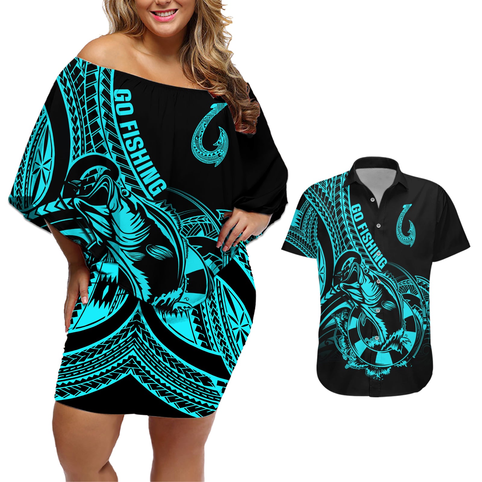 Polynesia Couples Matching Off Shoulder Short Dress and Hawaiian Shirt Fish Hook Tattoo Go Fishing Polynesian Pattern Turquosie - Wonder Print Shop