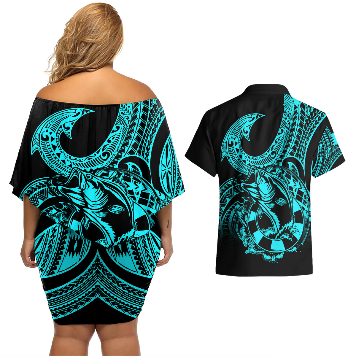Polynesia Couples Matching Off Shoulder Short Dress and Hawaiian Shirt Fish Hook Tattoo Go Fishing Polynesian Pattern Turquosie - Wonder Print Shop