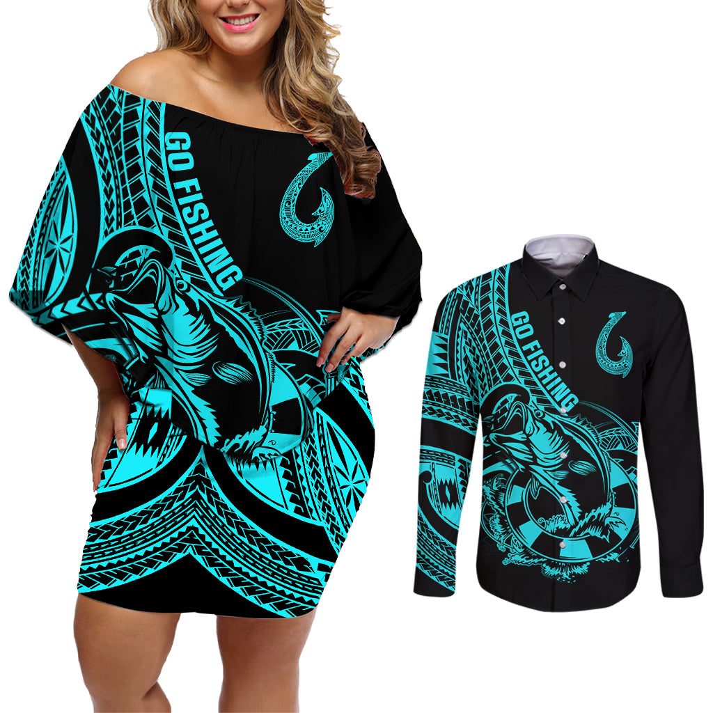 Polynesia Couples Matching Off Shoulder Short Dress and Long Sleeve Button Shirts Fish Hook Tattoo Go Fishing Polynesian Pattern Turquosie - Wonder Print Shop
