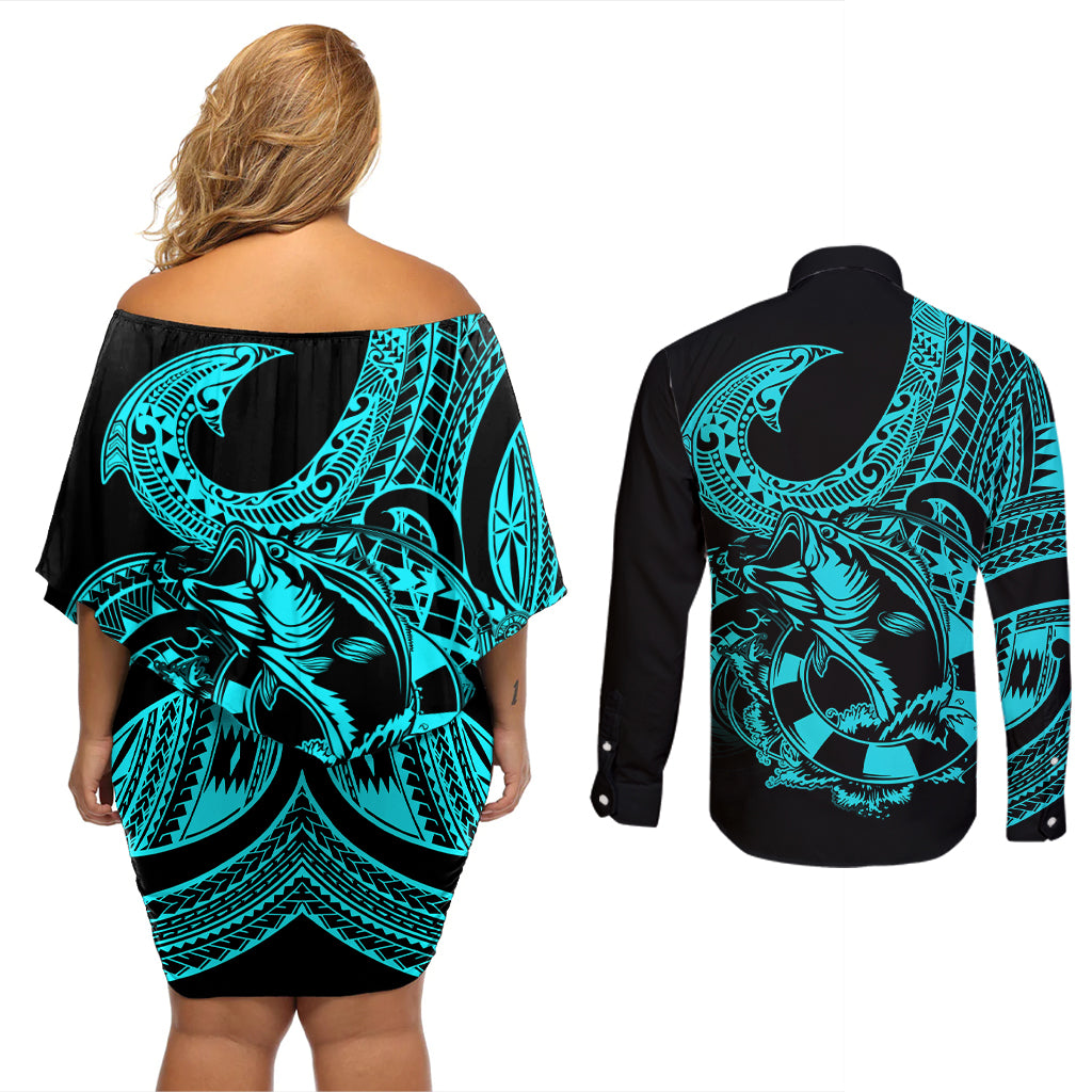 Polynesia Couples Matching Off Shoulder Short Dress and Long Sleeve Button Shirts Fish Hook Tattoo Go Fishing Polynesian Pattern Turquosie - Wonder Print Shop