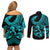 Polynesia Couples Matching Off Shoulder Short Dress and Long Sleeve Button Shirts Fish Hook Tattoo Go Fishing Polynesian Pattern Turquosie - Wonder Print Shop