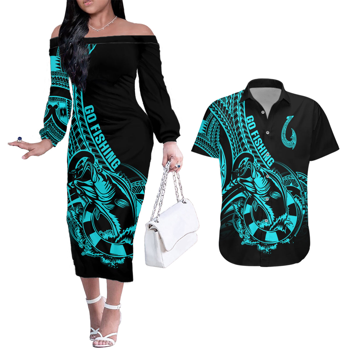 Polynesia Couples Matching Off The Shoulder Long Sleeve Dress and Hawaiian Shirt Fish Hook Tattoo Go Fishing Polynesian Pattern Turquosie - Wonder Print Shop