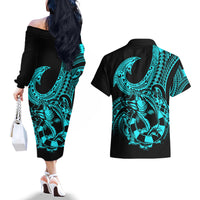 Polynesia Couples Matching Off The Shoulder Long Sleeve Dress and Hawaiian Shirt Fish Hook Tattoo Go Fishing Polynesian Pattern Turquosie - Wonder Print Shop