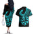 Polynesia Couples Matching Off The Shoulder Long Sleeve Dress and Hawaiian Shirt Fish Hook Tattoo Go Fishing Polynesian Pattern Turquosie - Wonder Print Shop