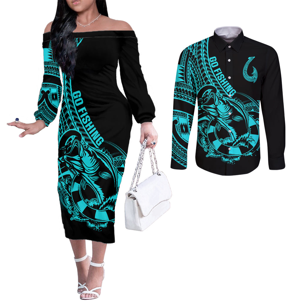 polynesia-couples-matching-off-the-shoulder-long-sleeve-dress-and-long-sleeve-button-shirts-fish-hook-tattoo-go-fishing-polynesian-pattern-turquosie