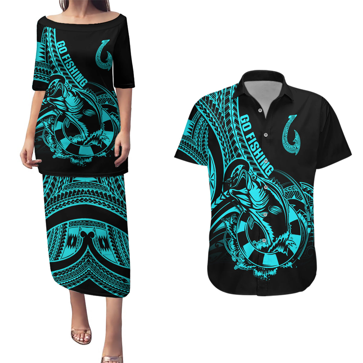Polynesia Couples Matching Puletasi Dress and Hawaiian Shirt Fish Hook Tattoo Go Fishing Polynesian Pattern Turquosie - Wonder Print Shop