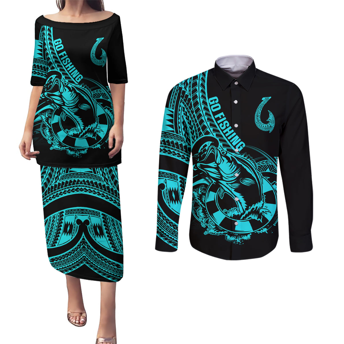 Polynesia Couples Matching Puletasi Dress and Long Sleeve Button Shirts Fish Hook Tattoo Go Fishing Polynesian Pattern Turquosie - Wonder Print Shop