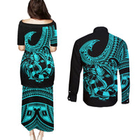 Polynesia Couples Matching Puletasi Dress and Long Sleeve Button Shirts Fish Hook Tattoo Go Fishing Polynesian Pattern Turquosie - Wonder Print Shop