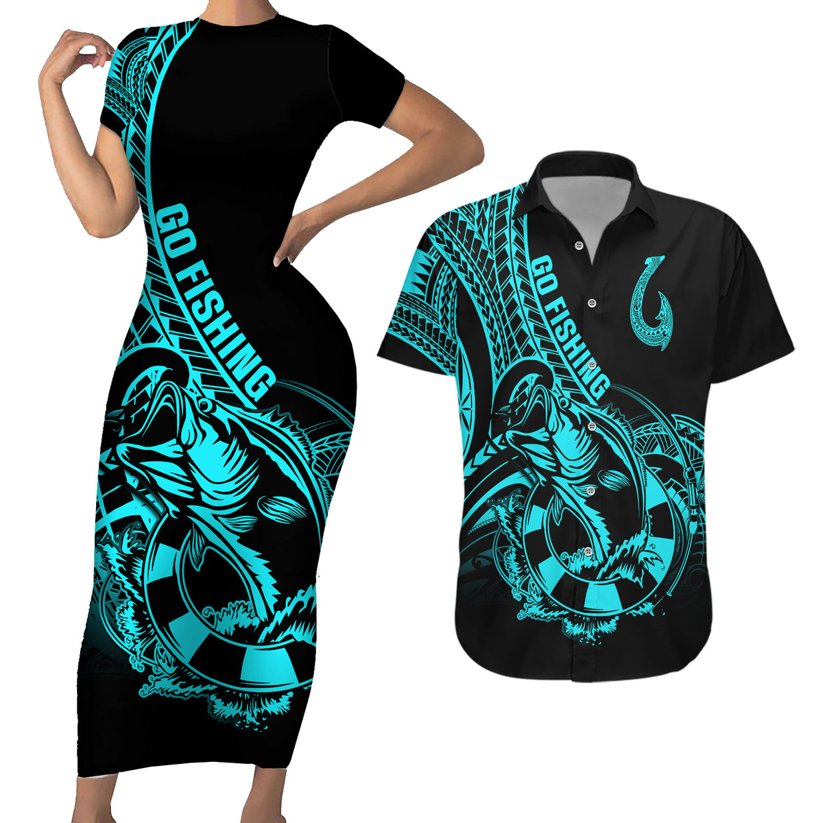 Polynesia Couples Matching Short Sleeve Bodycon Dress and Hawaiian Shirt Fish Hook Tattoo Go Fishing Polynesian Pattern Turquosie - Wonder Print Shop