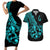 Polynesia Couples Matching Short Sleeve Bodycon Dress and Hawaiian Shirt Fish Hook Tattoo Go Fishing Polynesian Pattern Turquosie - Wonder Print Shop
