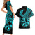 Polynesia Couples Matching Short Sleeve Bodycon Dress and Hawaiian Shirt Fish Hook Tattoo Go Fishing Polynesian Pattern Turquosie - Wonder Print Shop