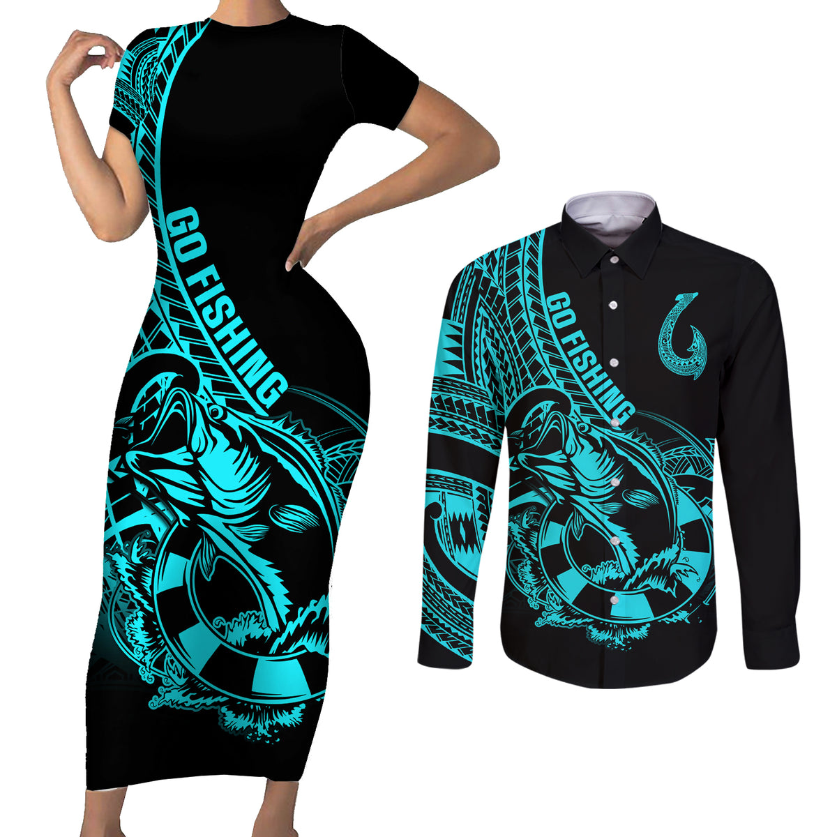 Polynesia Couples Matching Short Sleeve Bodycon Dress and Long Sleeve Button Shirts Fish Hook Tattoo Go Fishing Polynesian Pattern Turquosie - Wonder Print Shop
