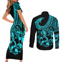 Polynesia Couples Matching Short Sleeve Bodycon Dress and Long Sleeve Button Shirts Fish Hook Tattoo Go Fishing Polynesian Pattern Turquosie - Wonder Print Shop