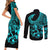 Polynesia Couples Matching Short Sleeve Bodycon Dress and Long Sleeve Button Shirts Fish Hook Tattoo Go Fishing Polynesian Pattern Turquosie - Wonder Print Shop