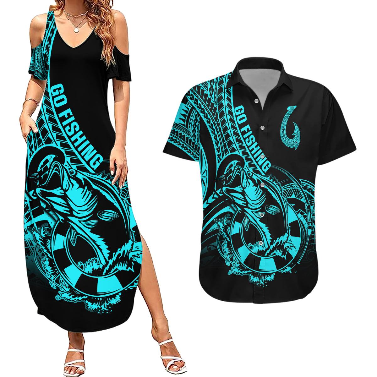 Polynesia Couples Matching Summer Maxi Dress and Hawaiian Shirt Fish Hook Tattoo Go Fishing Polynesian Pattern Turquosie - Wonder Print Shop