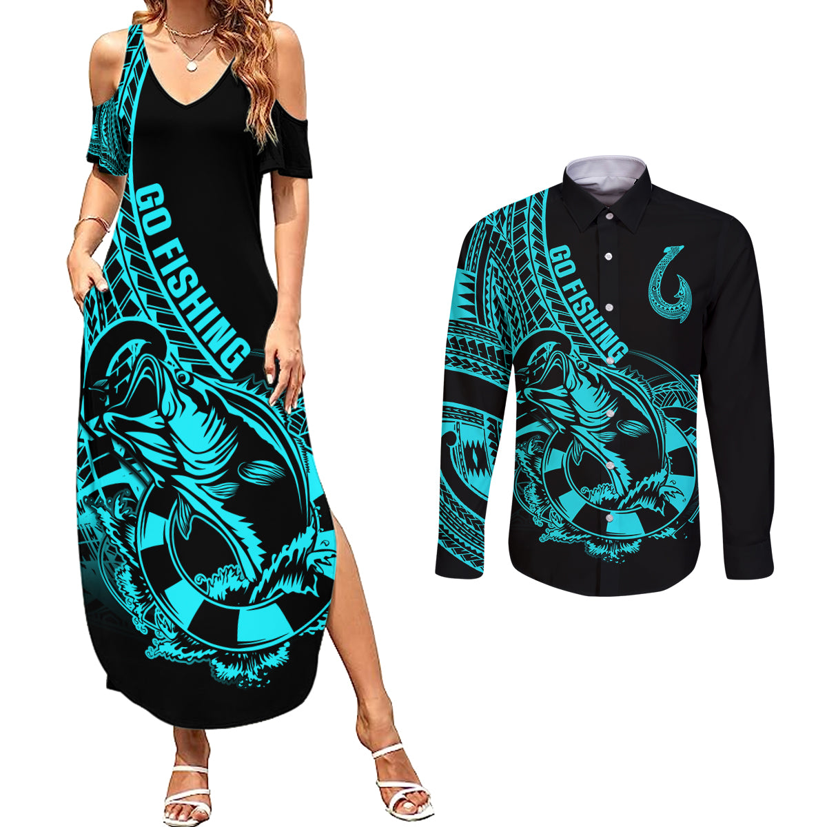 Polynesia Couples Matching Summer Maxi Dress and Long Sleeve Button Shirts Fish Hook Tattoo Go Fishing Polynesian Pattern Turquosie - Wonder Print Shop