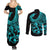 Polynesia Couples Matching Summer Maxi Dress and Long Sleeve Button Shirts Fish Hook Tattoo Go Fishing Polynesian Pattern Turquosie - Wonder Print Shop