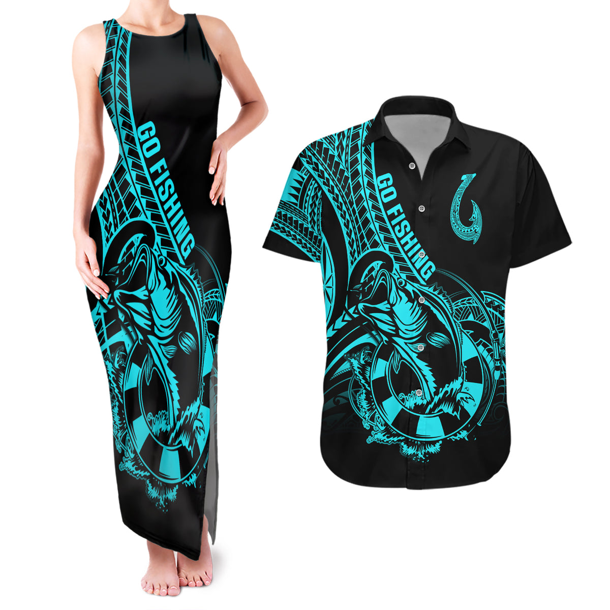Polynesia Couples Matching Tank Maxi Dress and Hawaiian Shirt Fish Hook Tattoo Go Fishing Polynesian Pattern Turquosie - Wonder Print Shop