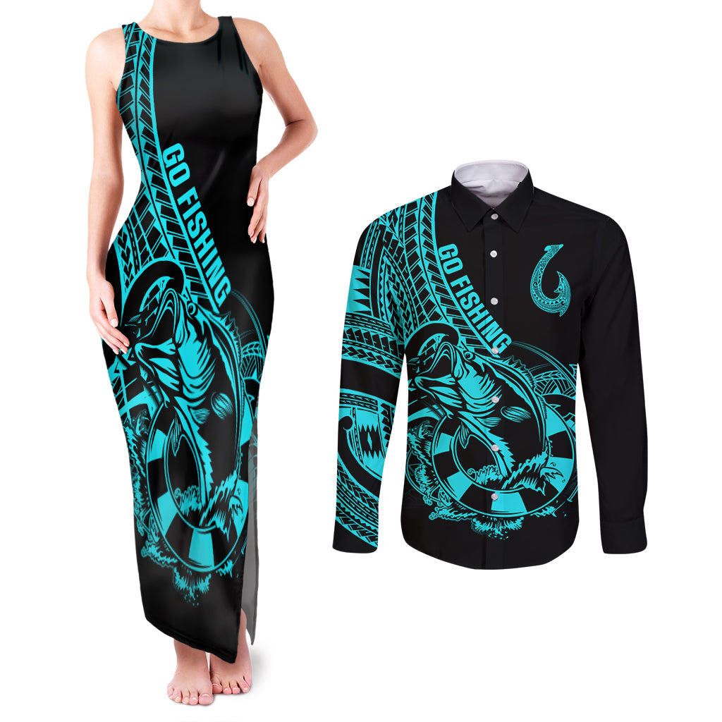 Polynesia Couples Matching Tank Maxi Dress and Long Sleeve Button Shirts Fish Hook Tattoo Go Fishing Polynesian Pattern Turquosie - Wonder Print Shop
