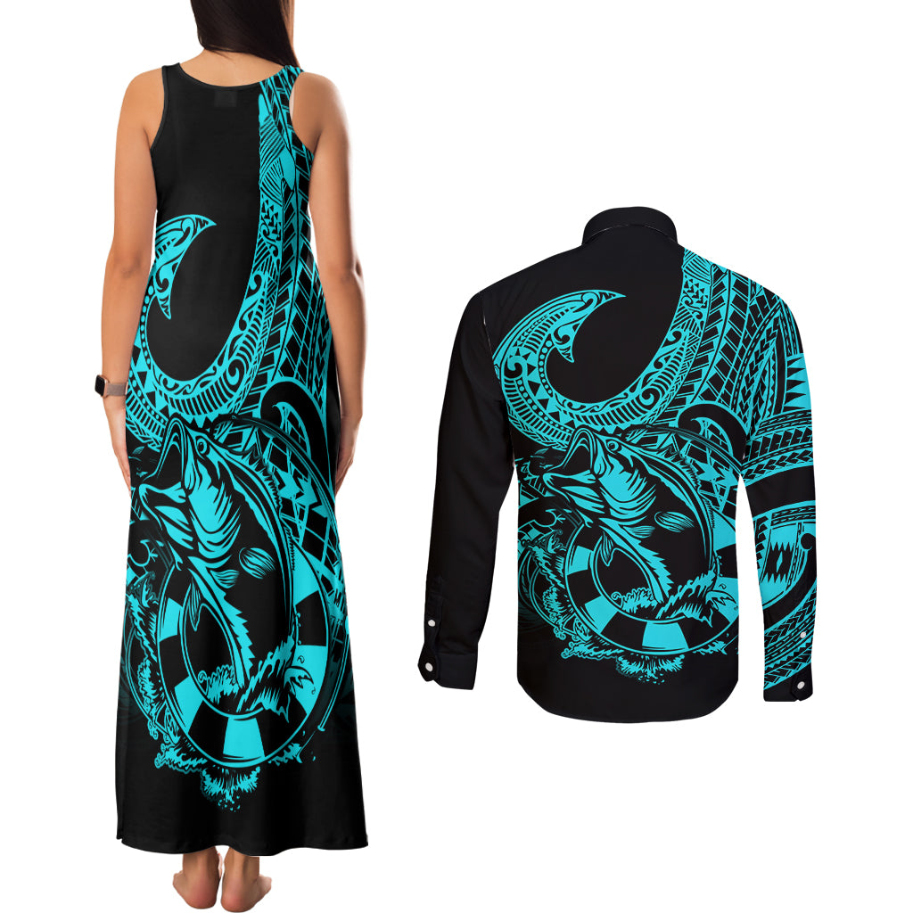 Polynesia Couples Matching Tank Maxi Dress and Long Sleeve Button Shirts Fish Hook Tattoo Go Fishing Polynesian Pattern Turquosie - Wonder Print Shop