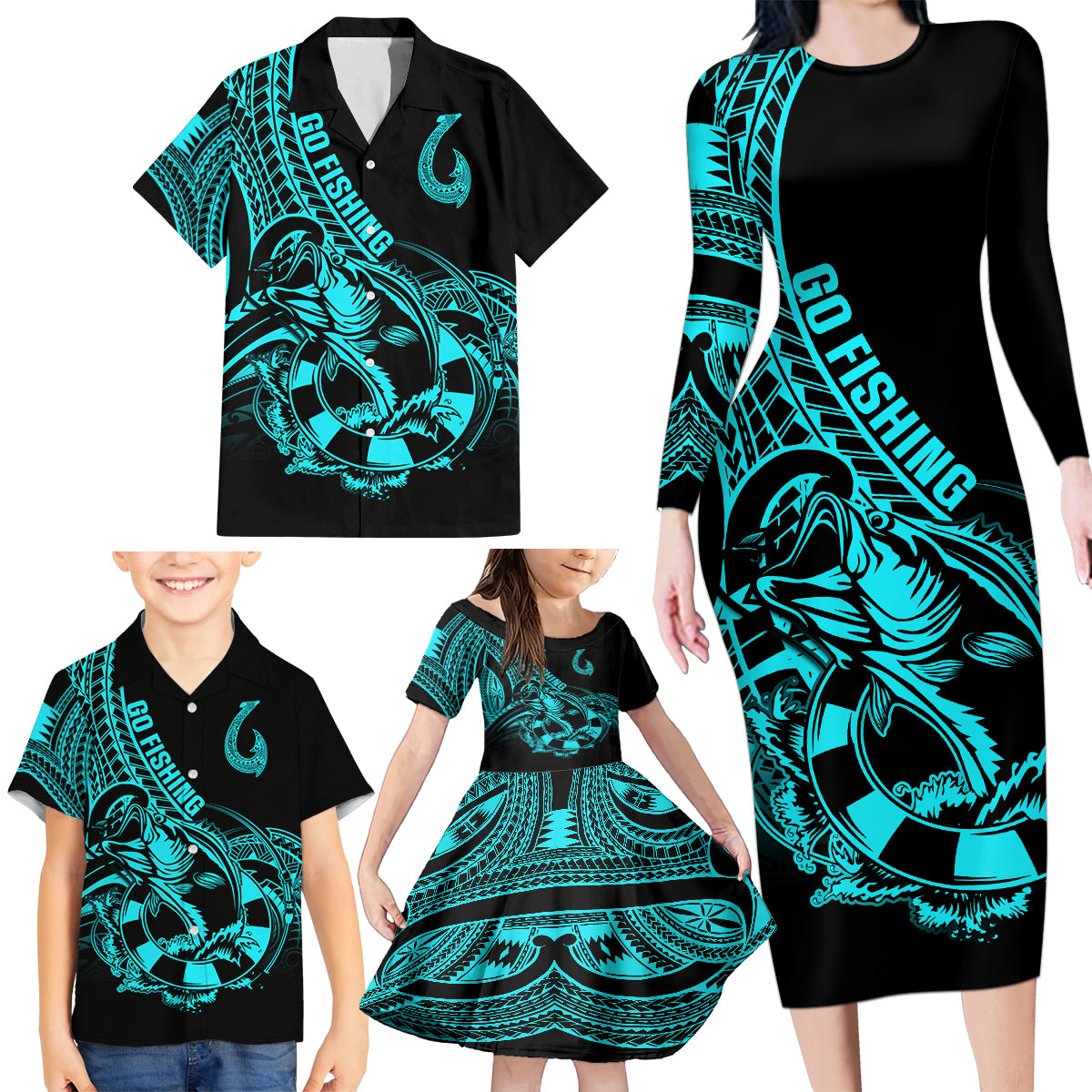 Polynesia Family Matching Long Sleeve Bodycon Dress and Hawaiian Shirt Fish Hook Tattoo Go Fishing Polynesian Pattern Turquosie - Wonder Print Shop