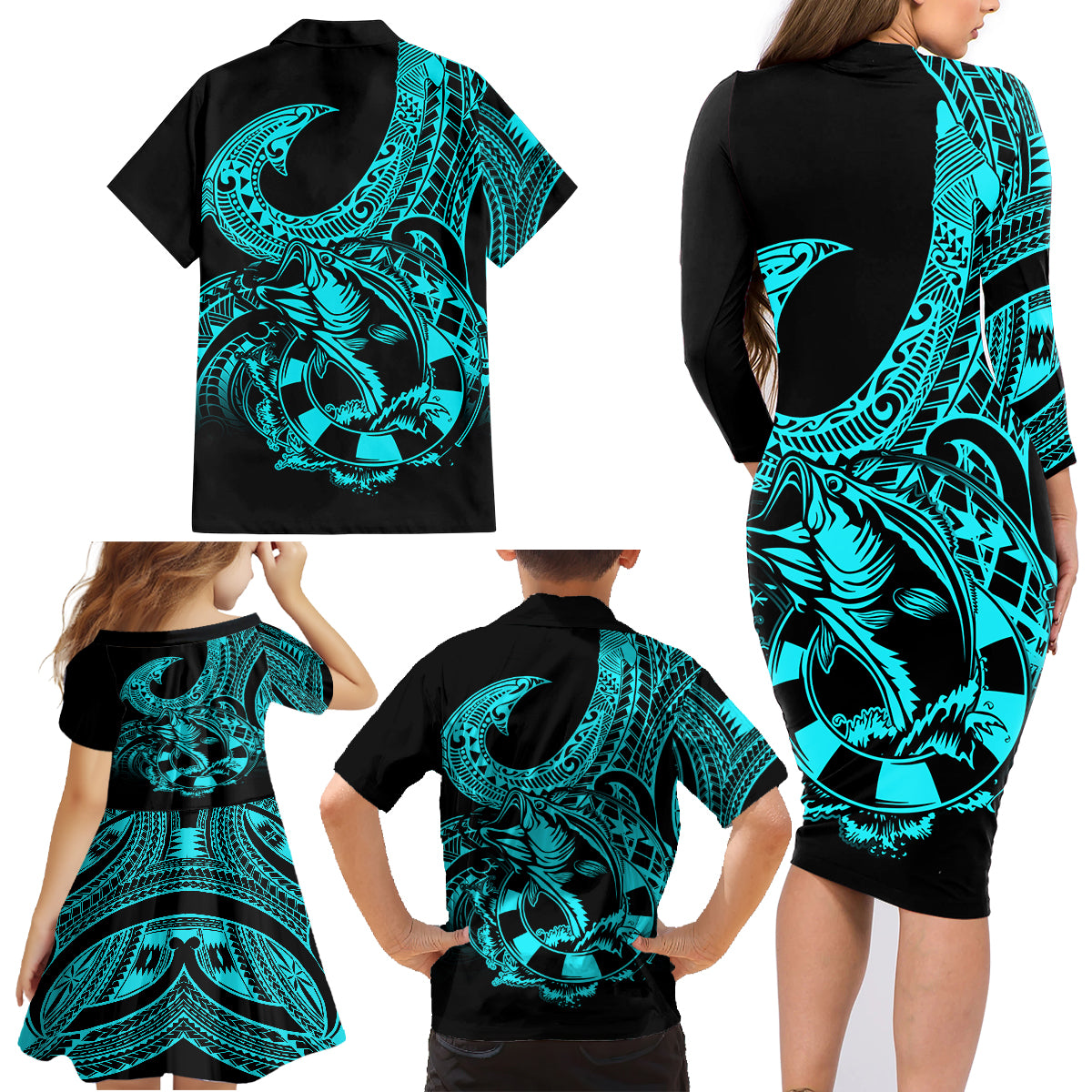Polynesia Family Matching Long Sleeve Bodycon Dress and Hawaiian Shirt Fish Hook Tattoo Go Fishing Polynesian Pattern Turquosie - Wonder Print Shop