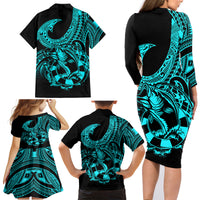 Polynesia Family Matching Long Sleeve Bodycon Dress and Hawaiian Shirt Fish Hook Tattoo Go Fishing Polynesian Pattern Turquosie - Wonder Print Shop