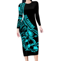 Polynesia Family Matching Long Sleeve Bodycon Dress and Hawaiian Shirt Fish Hook Tattoo Go Fishing Polynesian Pattern Turquosie - Wonder Print Shop