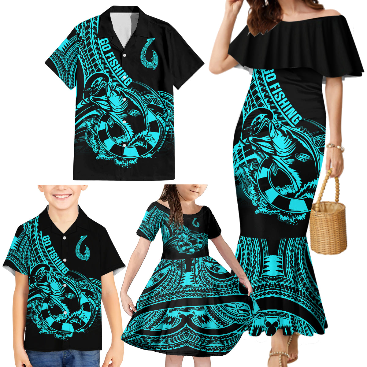 Polynesia Family Matching Mermaid Dress and Hawaiian Shirt Fish Hook Tattoo Go Fishing Polynesian Pattern Turquosie - Wonder Print Shop