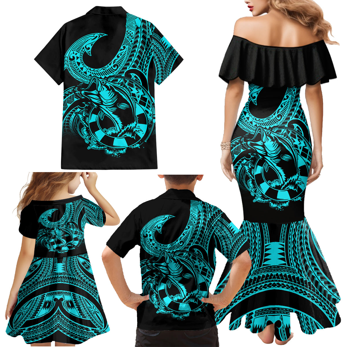 Polynesia Family Matching Mermaid Dress and Hawaiian Shirt Fish Hook Tattoo Go Fishing Polynesian Pattern Turquosie - Wonder Print Shop