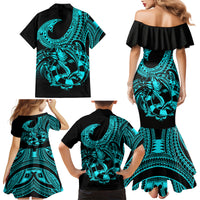 Polynesia Family Matching Mermaid Dress and Hawaiian Shirt Fish Hook Tattoo Go Fishing Polynesian Pattern Turquosie - Wonder Print Shop