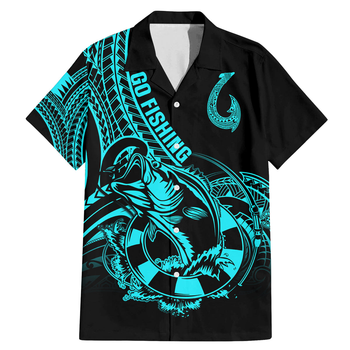 Polynesia Family Matching Mermaid Dress and Hawaiian Shirt Fish Hook Tattoo Go Fishing Polynesian Pattern Turquosie - Wonder Print Shop
