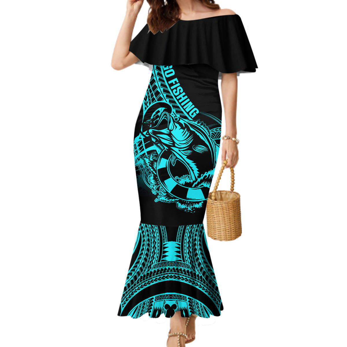 Polynesia Family Matching Mermaid Dress and Hawaiian Shirt Fish Hook Tattoo Go Fishing Polynesian Pattern Turquosie - Wonder Print Shop