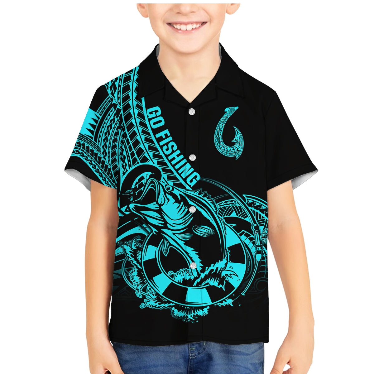 Polynesia Family Matching Mermaid Dress and Hawaiian Shirt Fish Hook Tattoo Go Fishing Polynesian Pattern Turquosie - Wonder Print Shop