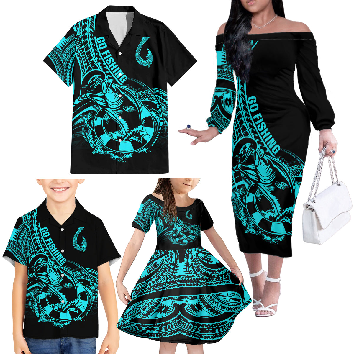 Polynesia Family Matching Off Shoulder Long Sleeve Dress and Hawaiian Shirt Fish Hook Tattoo Go Fishing Polynesian Pattern Turquosie - Wonder Print Shop