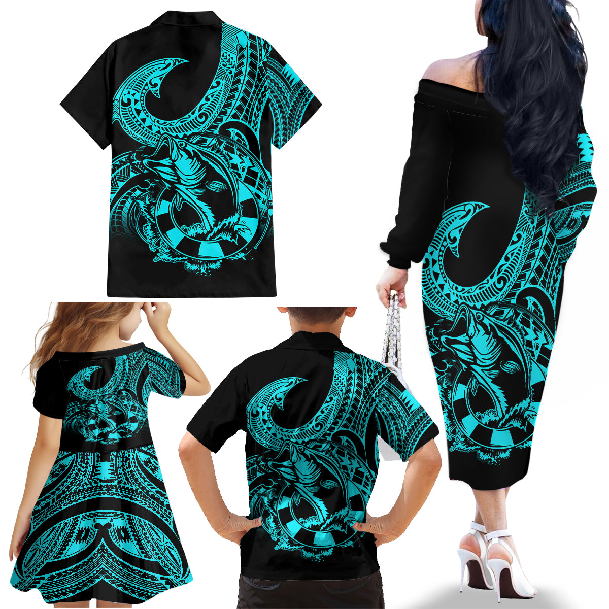 Polynesia Family Matching Off Shoulder Long Sleeve Dress and Hawaiian Shirt Fish Hook Tattoo Go Fishing Polynesian Pattern Turquosie - Wonder Print Shop