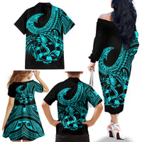 Polynesia Family Matching Off Shoulder Long Sleeve Dress and Hawaiian Shirt Fish Hook Tattoo Go Fishing Polynesian Pattern Turquosie - Wonder Print Shop