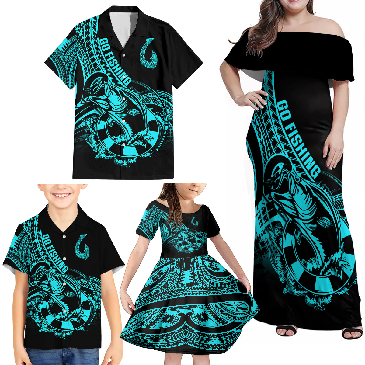 Polynesia Family Matching Off Shoulder Maxi Dress and Hawaiian Shirt Fish Hook Tattoo Go Fishing Polynesian Pattern Turquosie - Wonder Print Shop