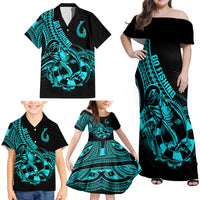 Polynesia Family Matching Off Shoulder Maxi Dress and Hawaiian Shirt Fish Hook Tattoo Go Fishing Polynesian Pattern Turquosie - Wonder Print Shop