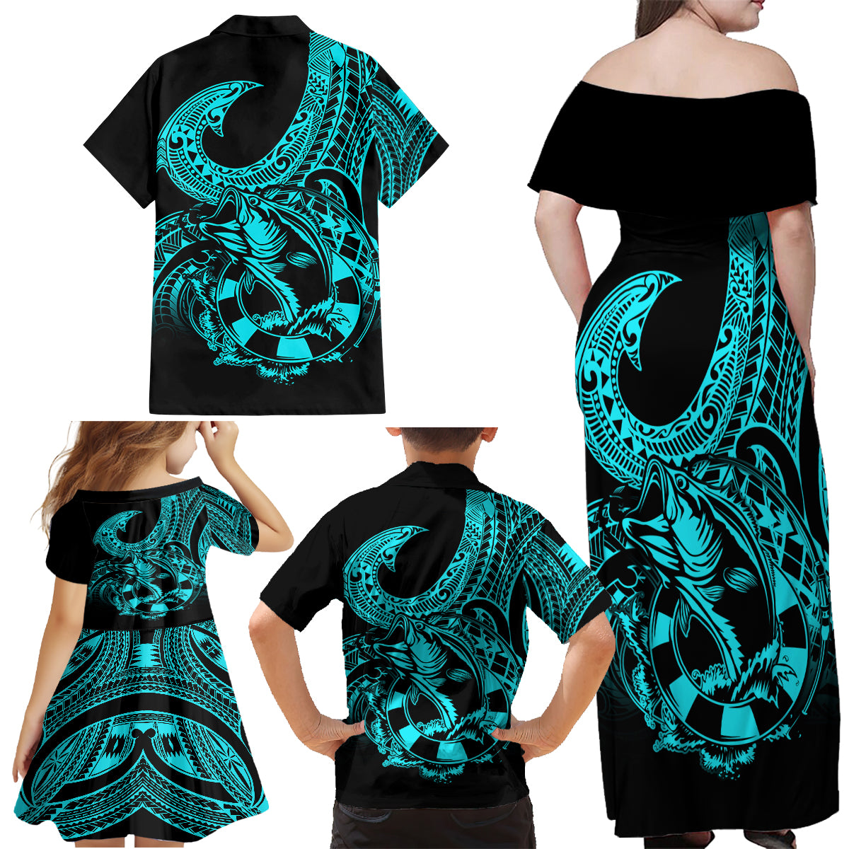 Polynesia Family Matching Off Shoulder Maxi Dress and Hawaiian Shirt Fish Hook Tattoo Go Fishing Polynesian Pattern Turquosie - Wonder Print Shop