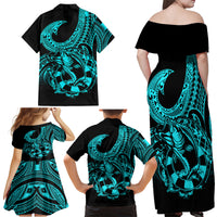 Polynesia Family Matching Off Shoulder Maxi Dress and Hawaiian Shirt Fish Hook Tattoo Go Fishing Polynesian Pattern Turquosie - Wonder Print Shop