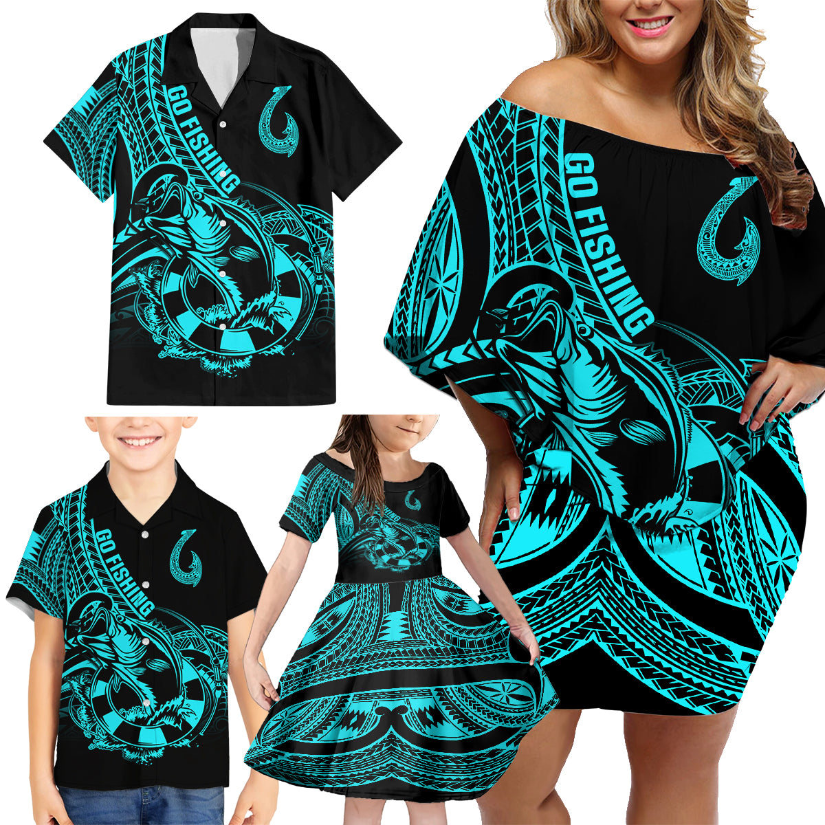 Polynesia Family Matching Off Shoulder Short Dress and Hawaiian Shirt Fish Hook Tattoo Go Fishing Polynesian Pattern Turquosie - Wonder Print Shop