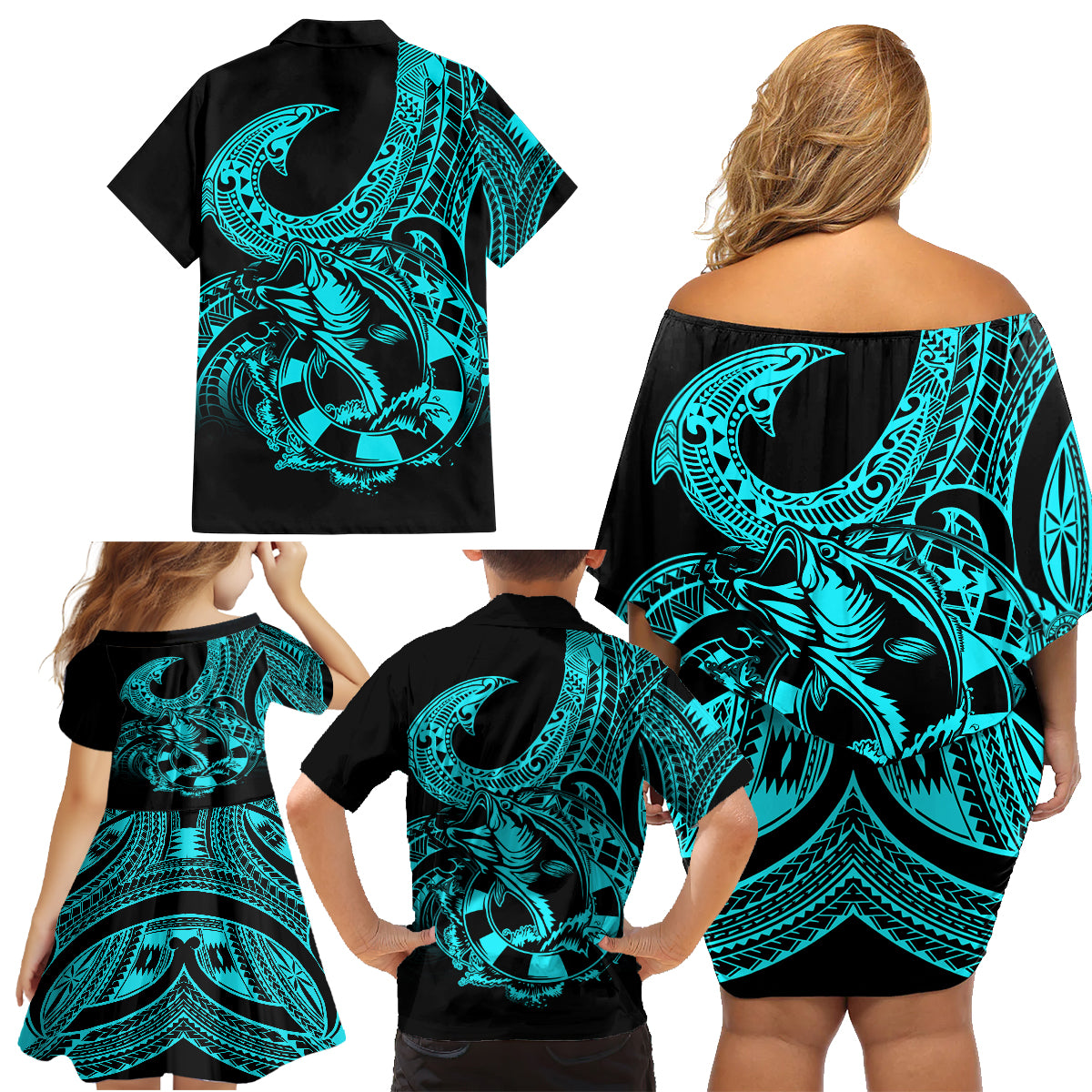 Polynesia Family Matching Off Shoulder Short Dress and Hawaiian Shirt Fish Hook Tattoo Go Fishing Polynesian Pattern Turquosie - Wonder Print Shop