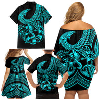 Polynesia Family Matching Off Shoulder Short Dress and Hawaiian Shirt Fish Hook Tattoo Go Fishing Polynesian Pattern Turquosie - Wonder Print Shop