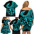 Polynesia Family Matching Off Shoulder Short Dress and Hawaiian Shirt Fish Hook Tattoo Go Fishing Polynesian Pattern Turquosie - Wonder Print Shop