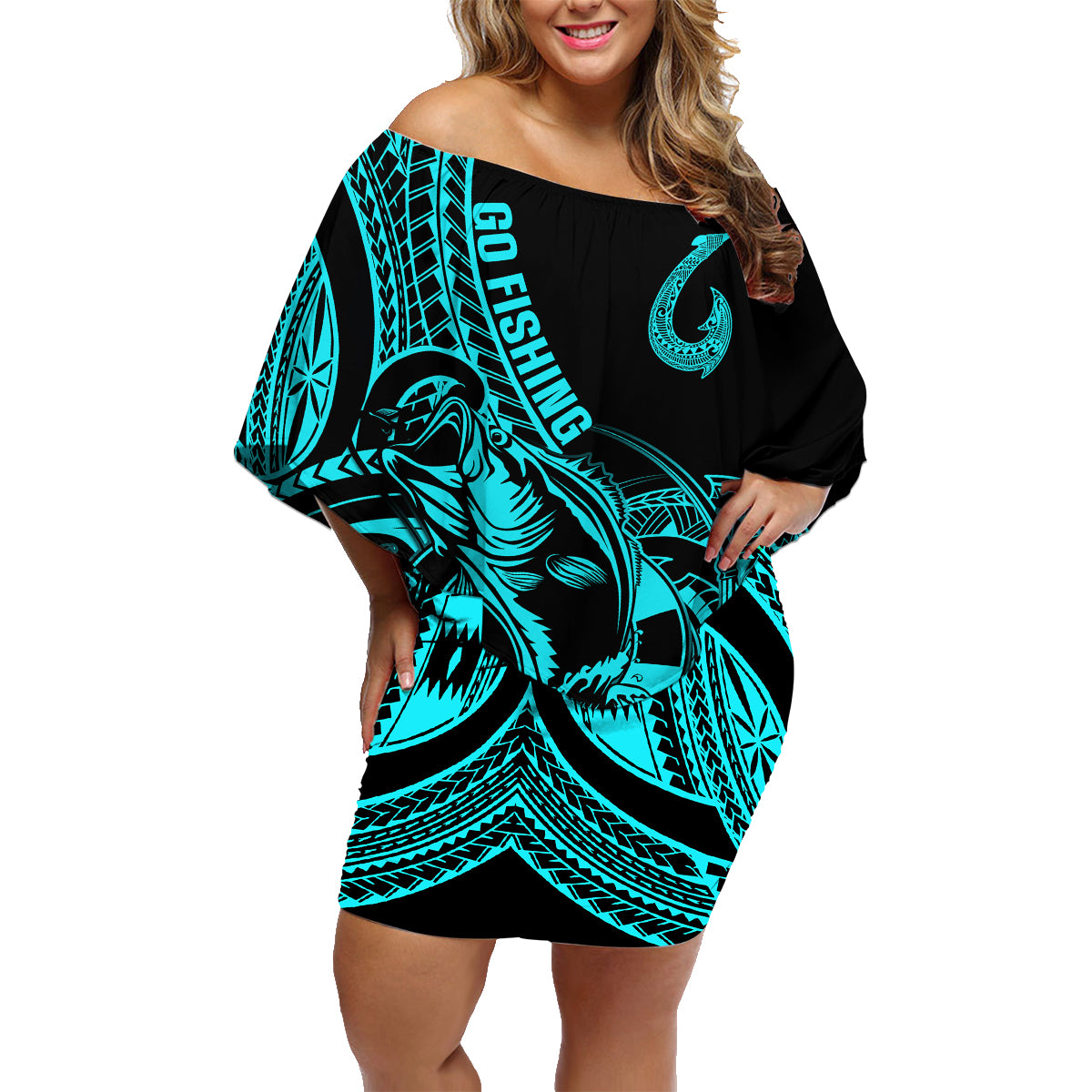 Polynesia Family Matching Off Shoulder Short Dress and Hawaiian Shirt Fish Hook Tattoo Go Fishing Polynesian Pattern Turquosie - Wonder Print Shop