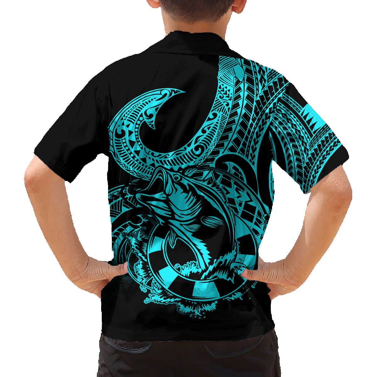 Polynesia Family Matching Puletasi Dress and Hawaiian Shirt Fish Hook Tattoo Go Fishing Polynesian Pattern Turquosie - Wonder Print Shop