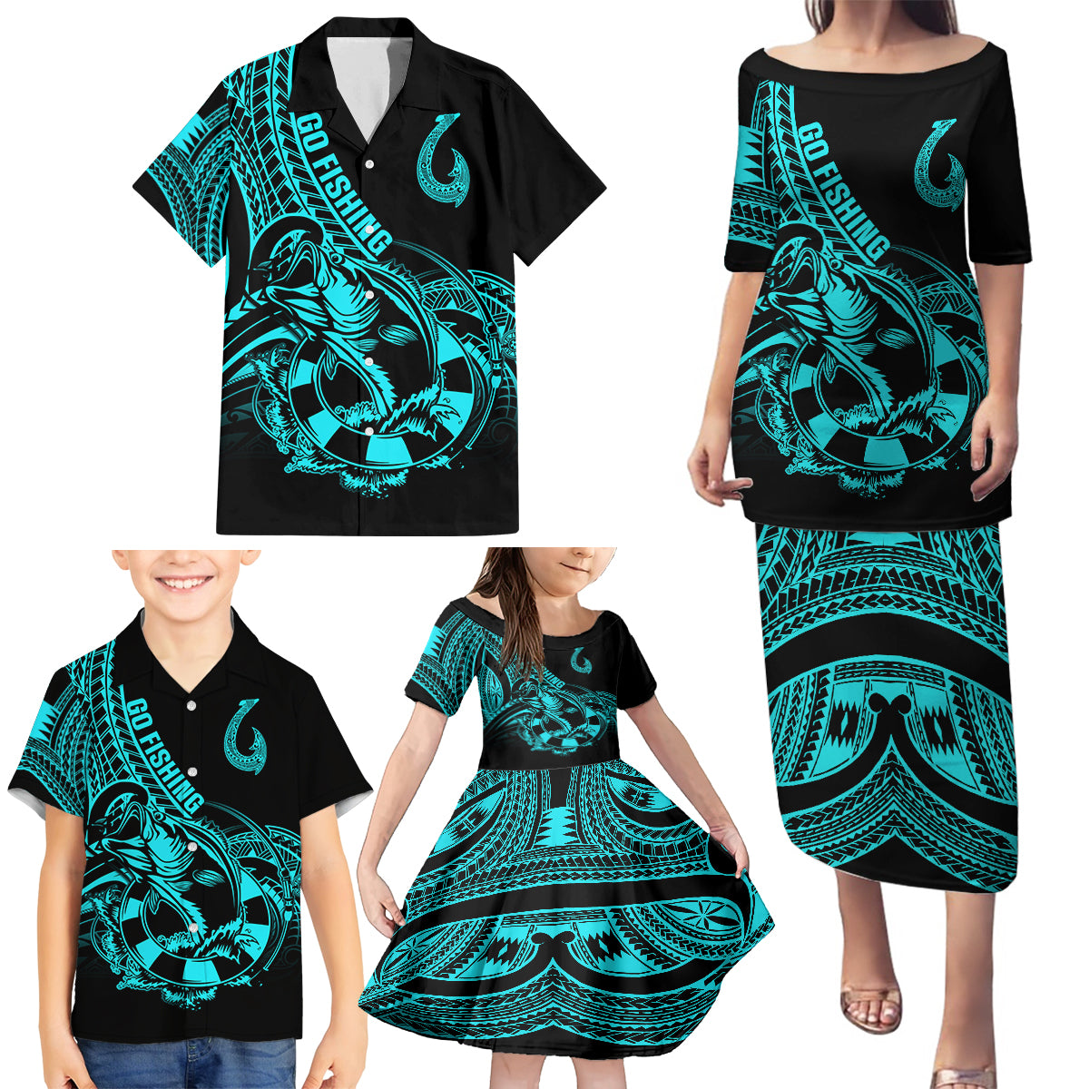 Polynesia Family Matching Puletasi Dress and Hawaiian Shirt Fish Hook Tattoo Go Fishing Polynesian Pattern Turquosie - Wonder Print Shop
